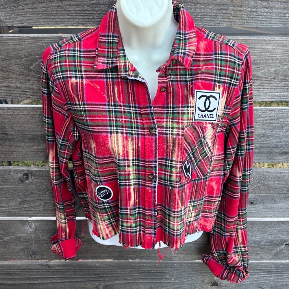 Repurposed Red and Green Plaid Cropped Flannel by “Jagged Threads”